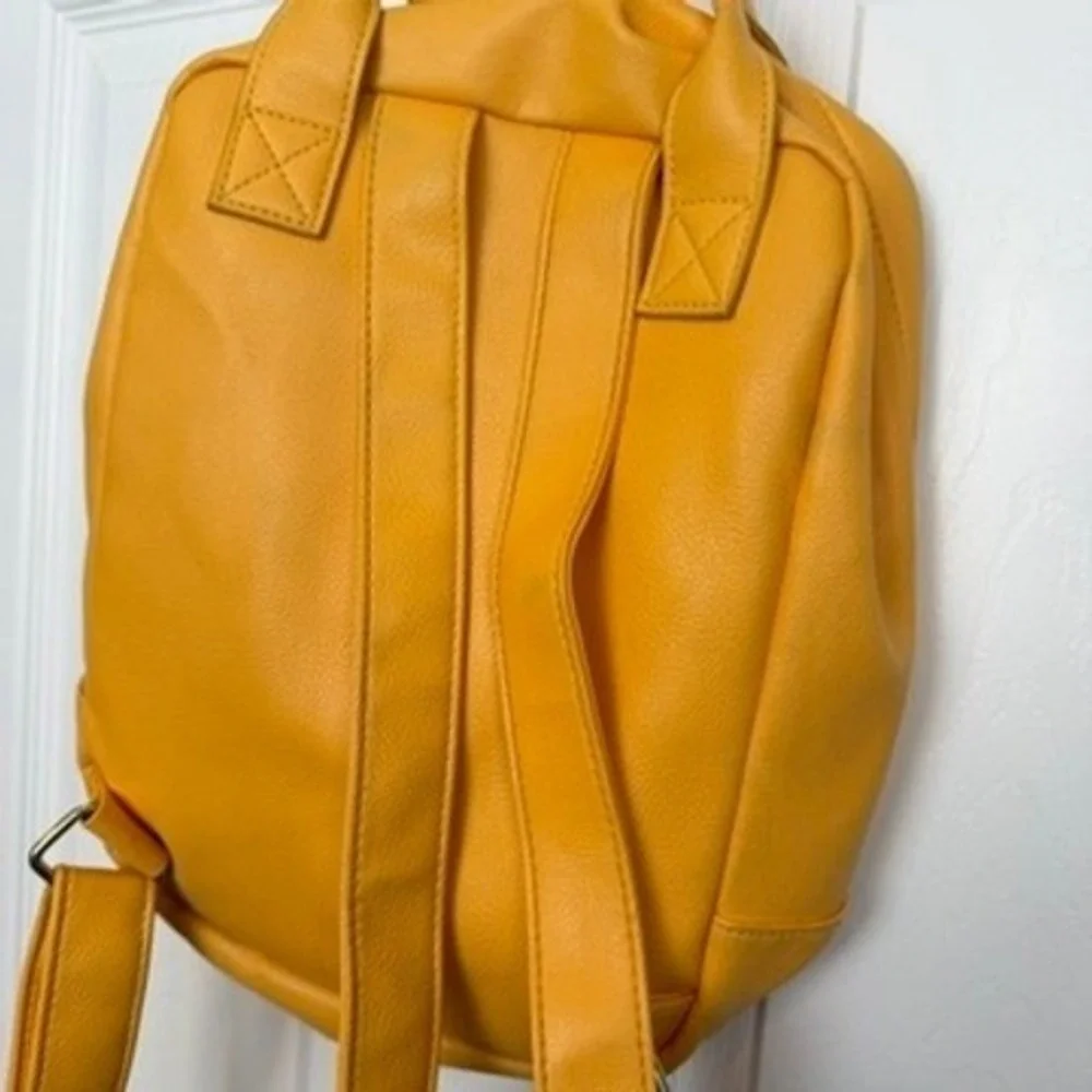 Yellow Faux Leather Small Backpack Pocket Front‎ Zip Closure Adjustable Straps